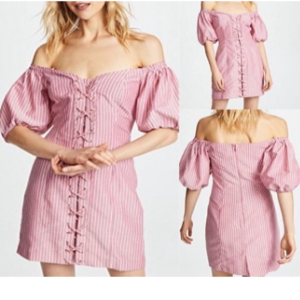 NWT WAYF red/white striped lace up corset puff sleeve mini dress Size Small
